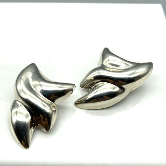 Vintage Sterling Silver Puffy Taxco Earrings, Abstract Modernist Design Clip Ons - Picture 2 of 6
